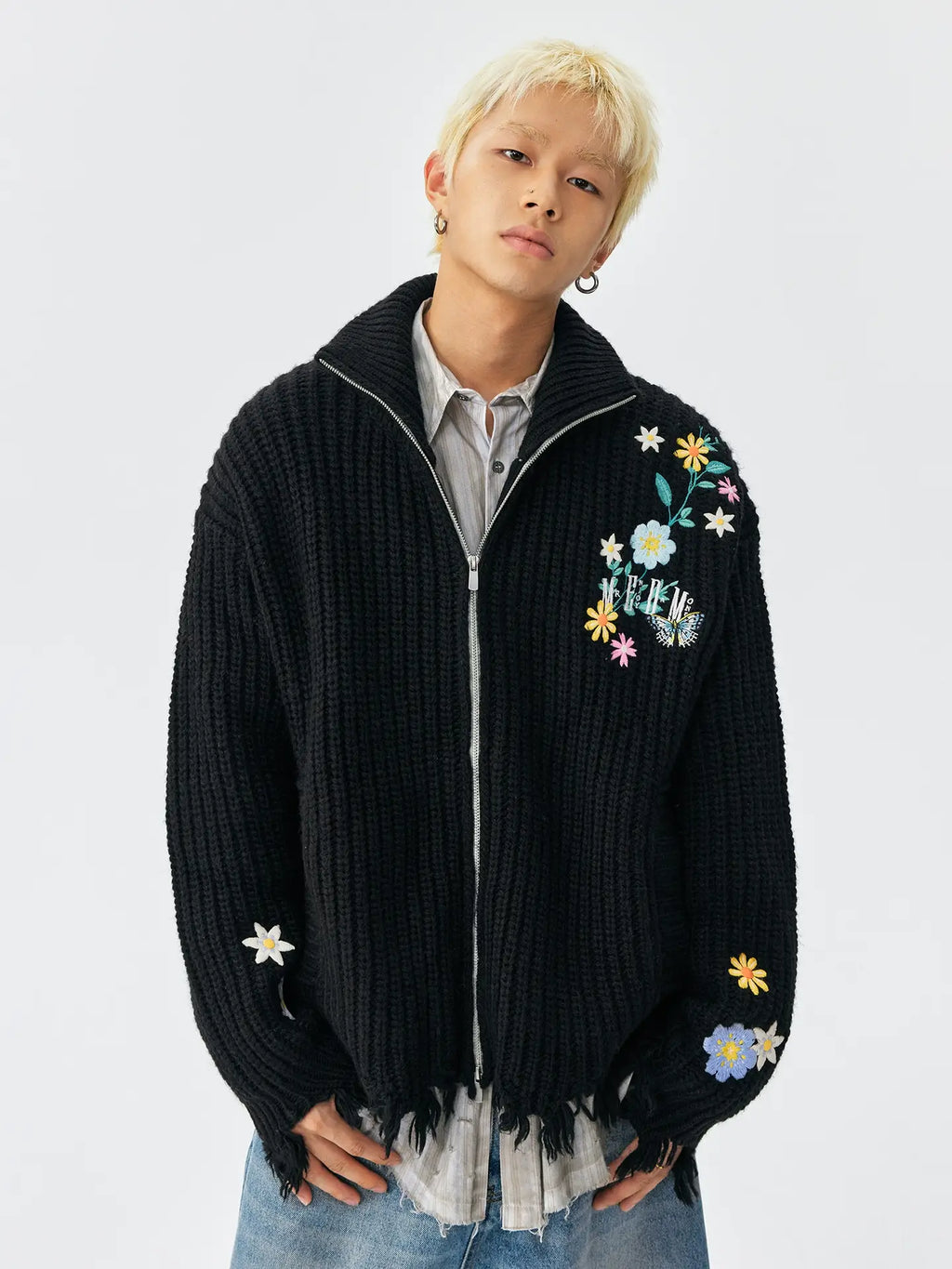 MEDM Frayed Hem Floral Embroidered Knit Cardigan