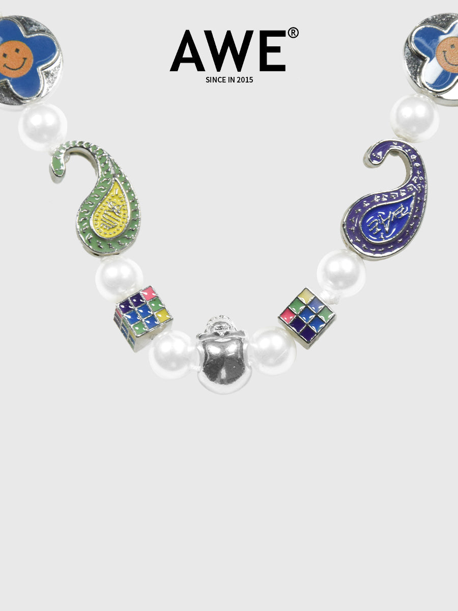 AWE Cross Petal Skull Smiley Face Pearl Necklace
