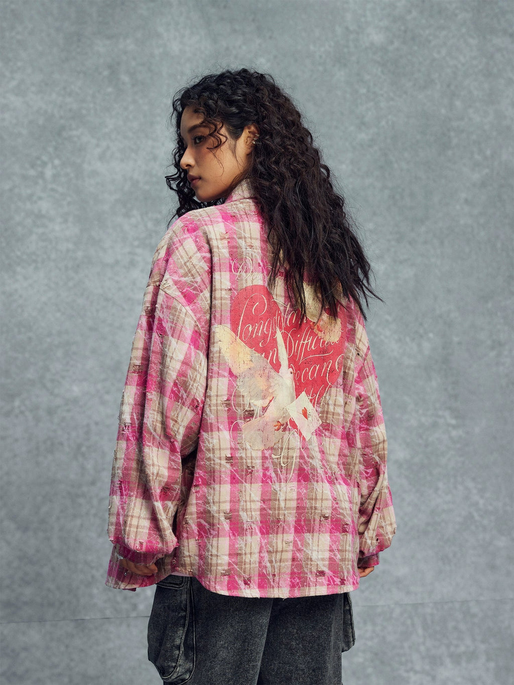 1807 Heart & Rhinestone Plaid Long Sleeve Shirt