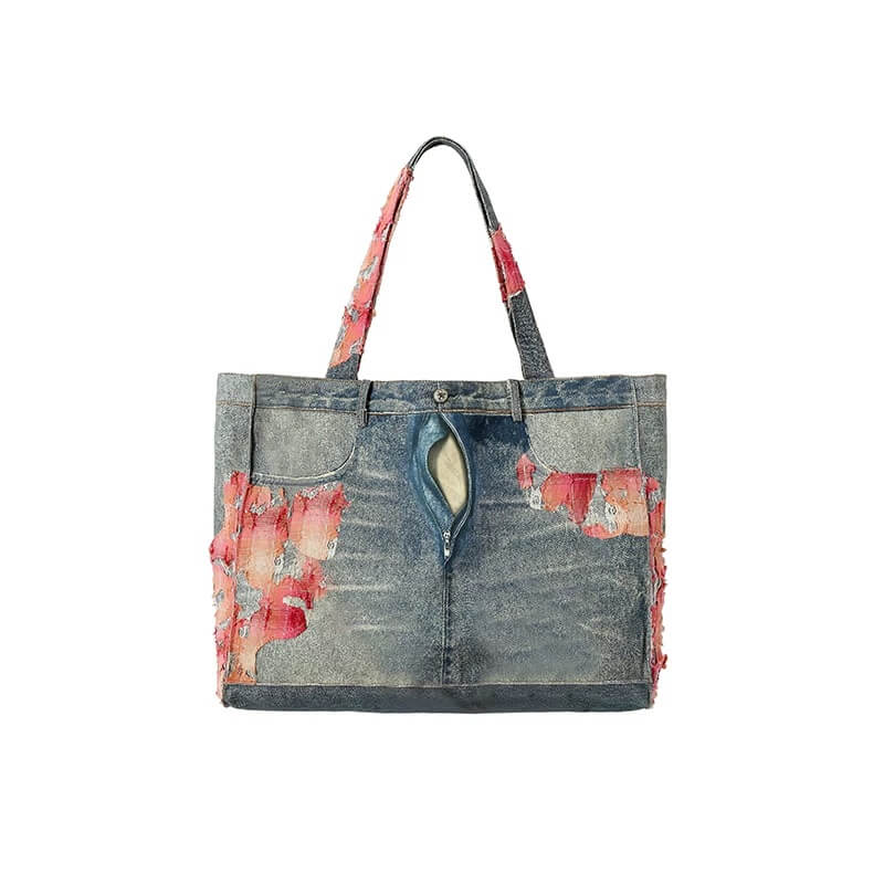 YADcrew Evening Lace Patchwork 3D Print Denim Tote Bag