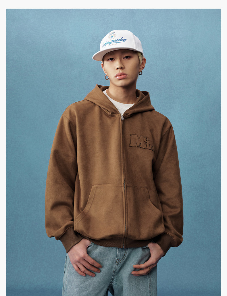 MEDM Suede Logo Patch Zip-Up Hoodie