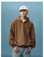 MEDM Suede Logo Patch Zip-Up Hoodie