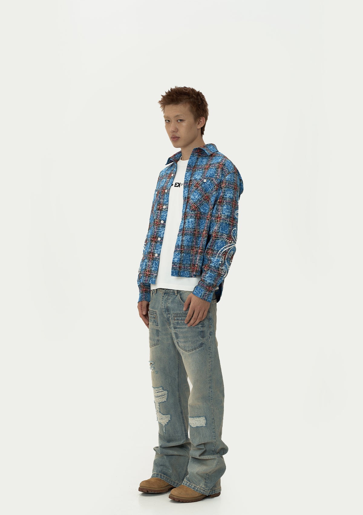 EVILKNIGHT(EK) Floral Embroidered Plaid Long Sleeve Shirt