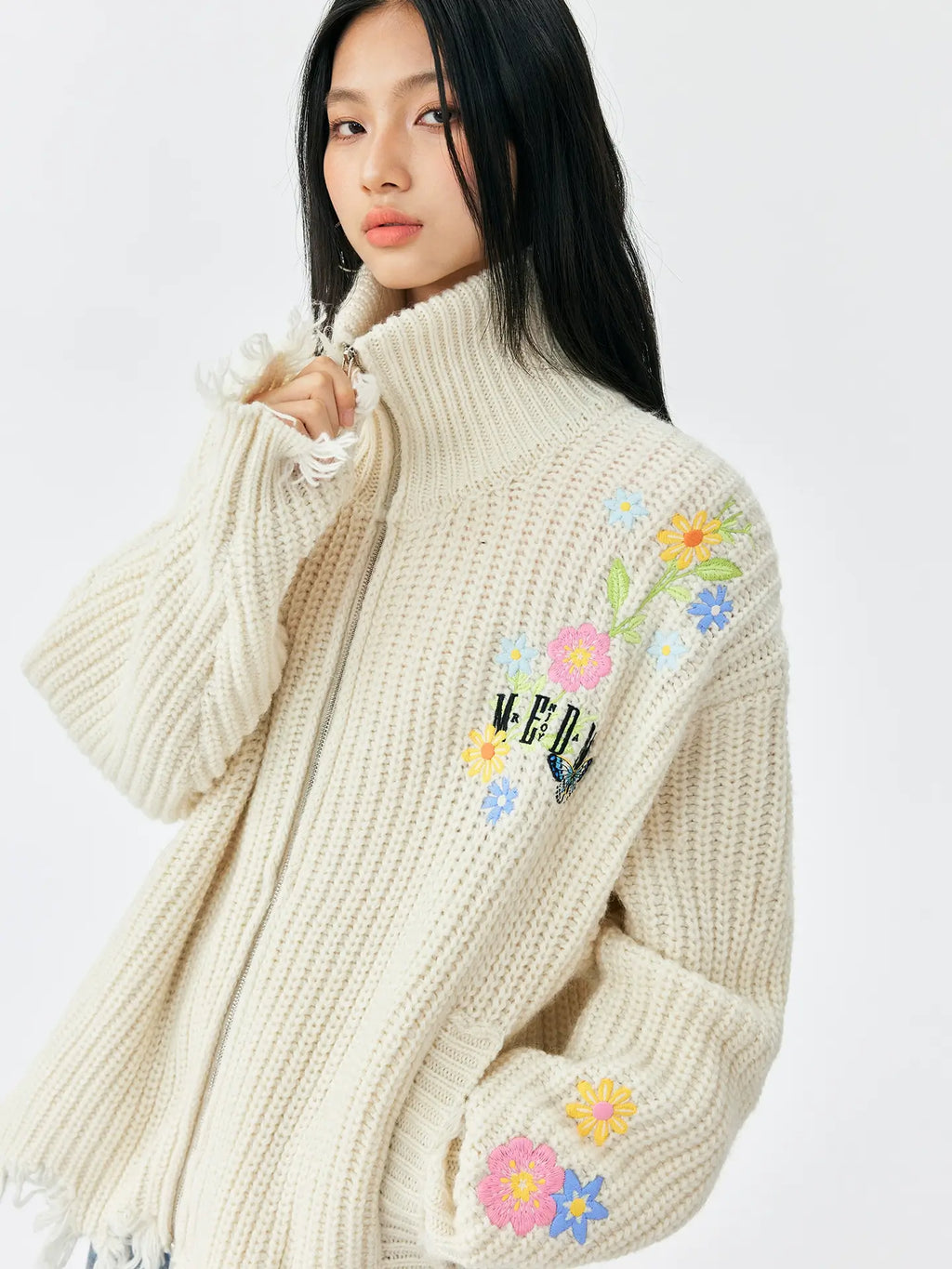 MEDM Frayed Hem Floral Embroidered Knit Cardigan