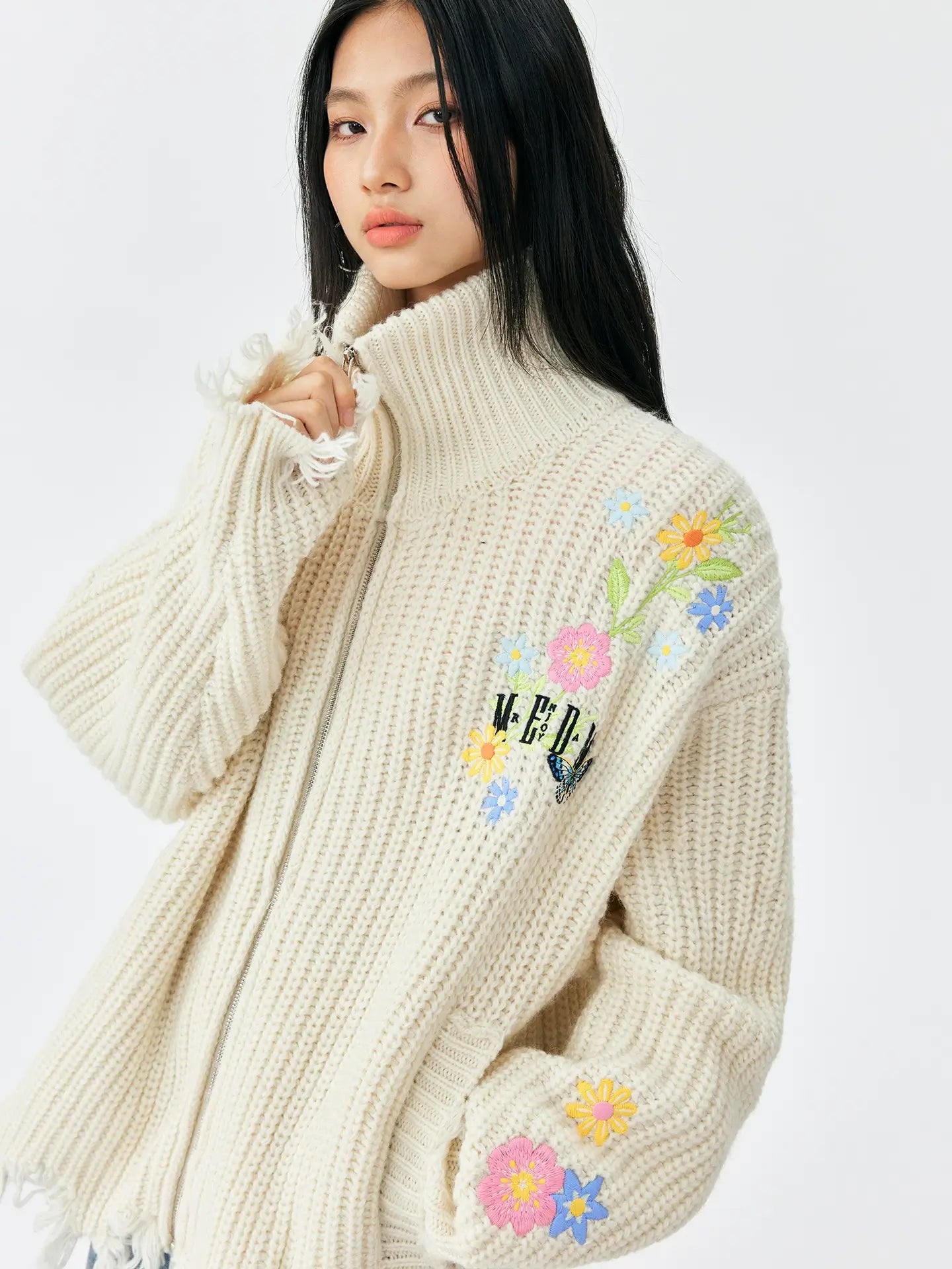 MEDM Frayed Hem Floral Embroidered Knit Cardigan
