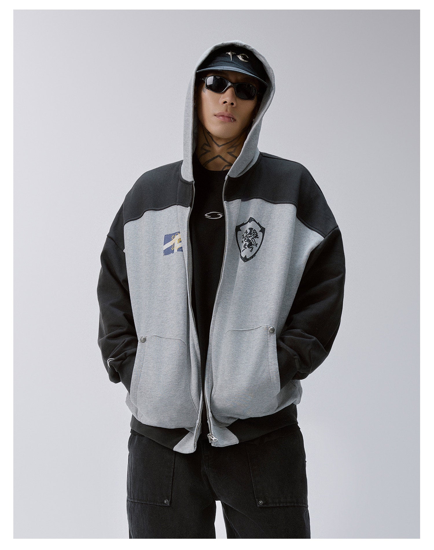 F2CE Color Block Vintage Print Zip Up Hoodie