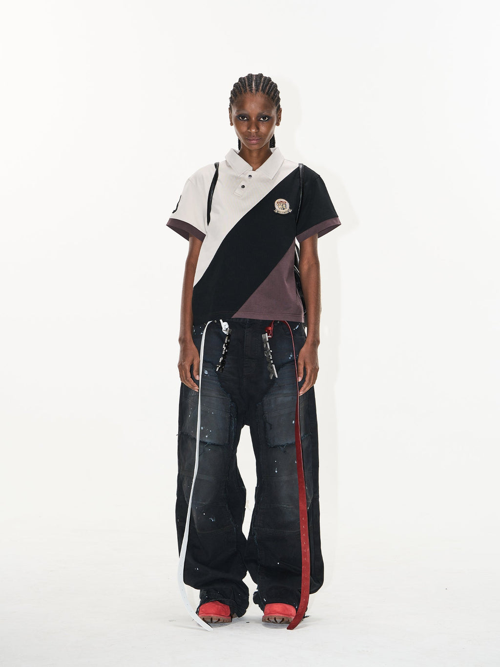 BLIND NO PLAN Three-Color Diagonal Patchwork Polo