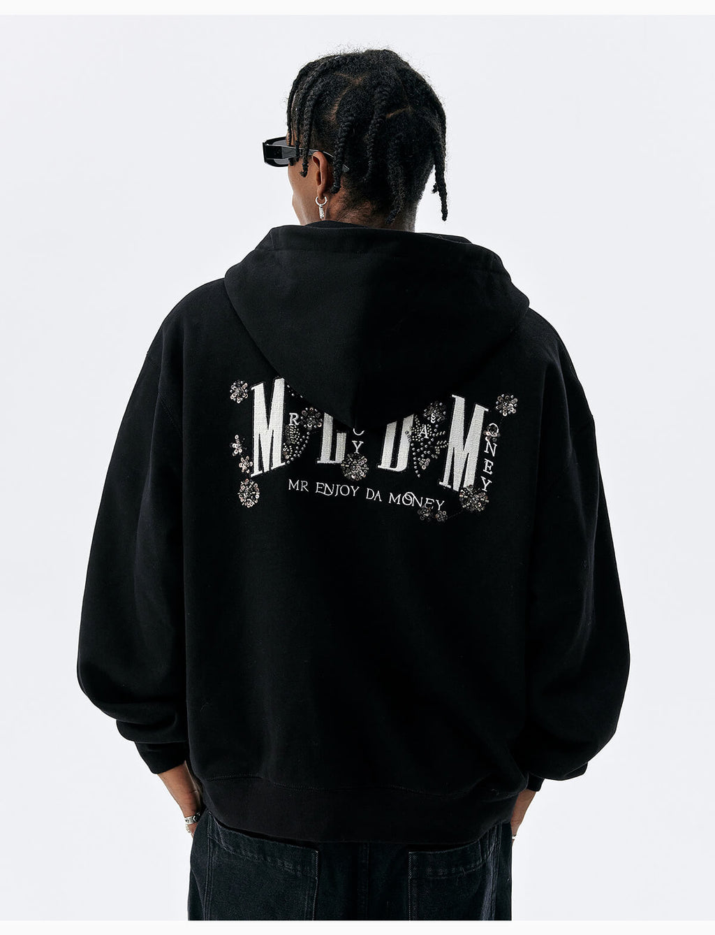 MEDM Beaded Flower Embellished Zip Up Hoodie