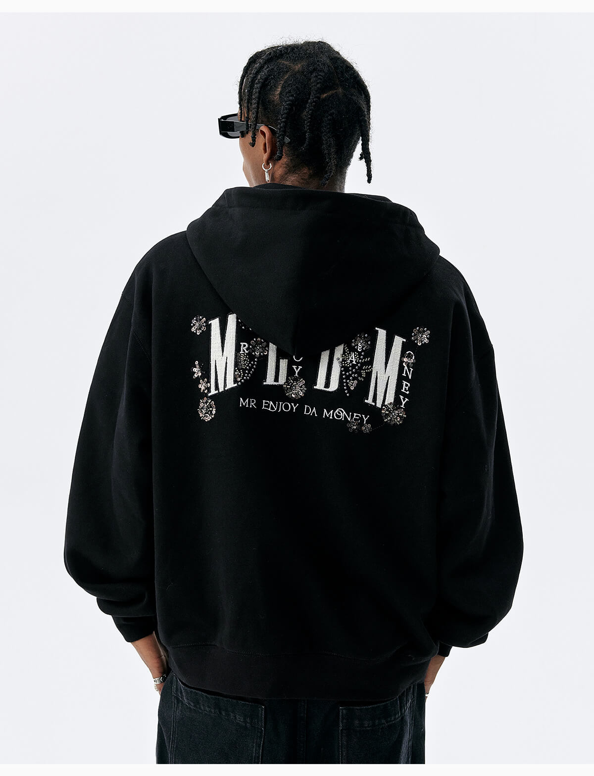 MEDM Beaded Flower Embellished Zip Up Hoodie
