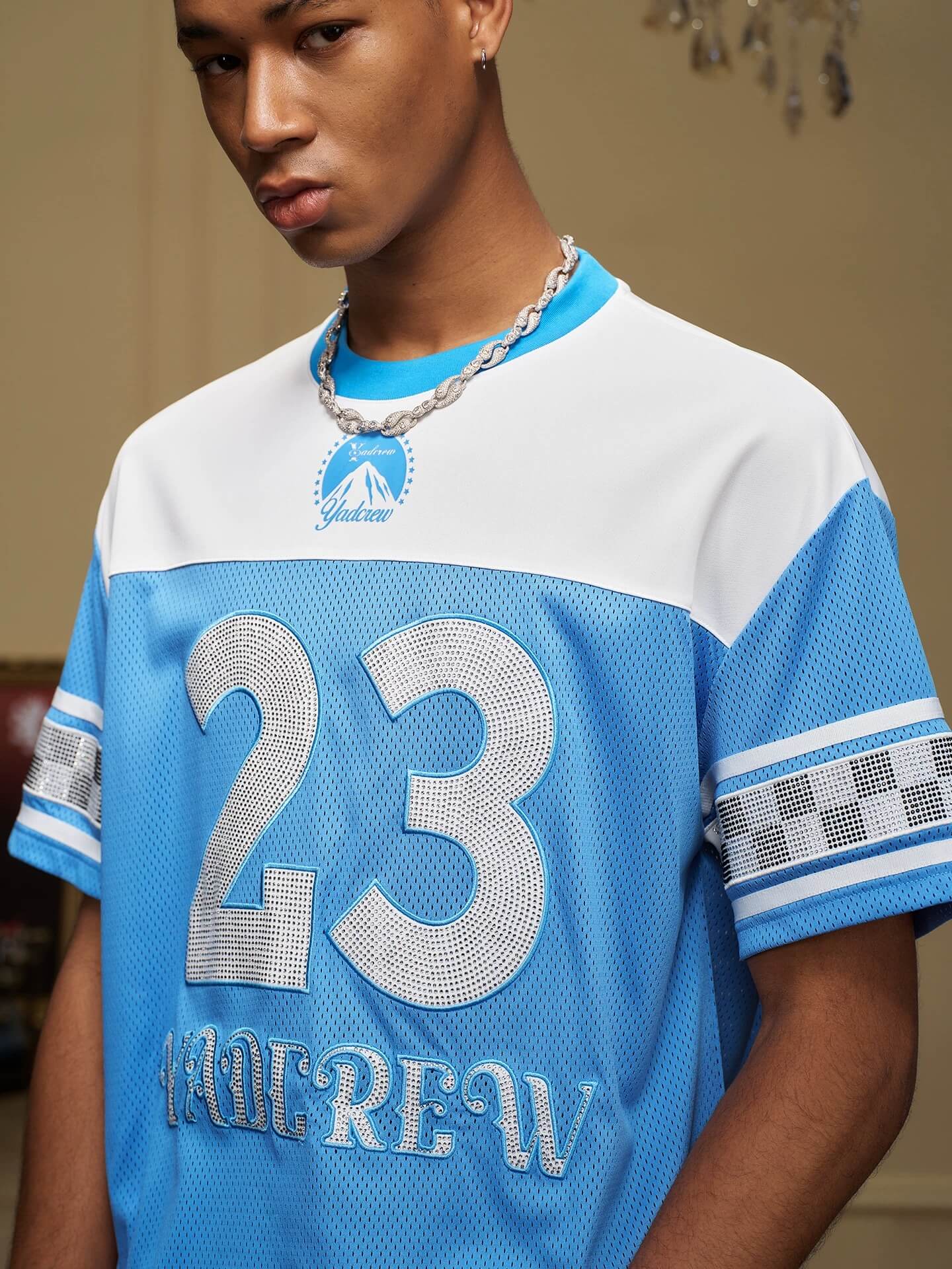 YADcrew Rhinestone Digital Checkered Numbering Mesh Tee