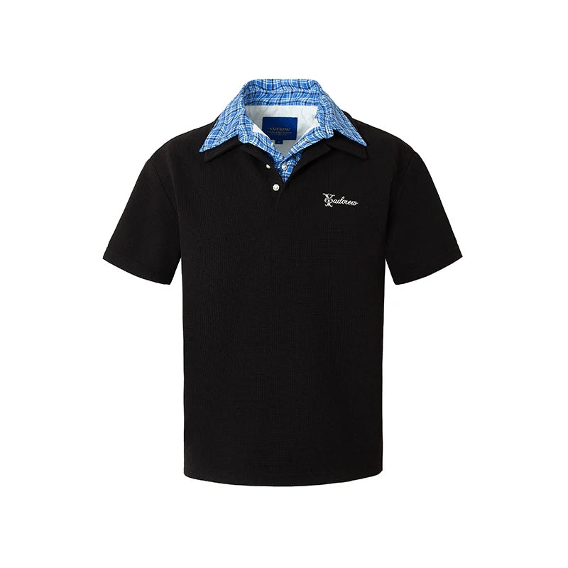 YADcrew Double Collar Layered Twisted Plaid Polo