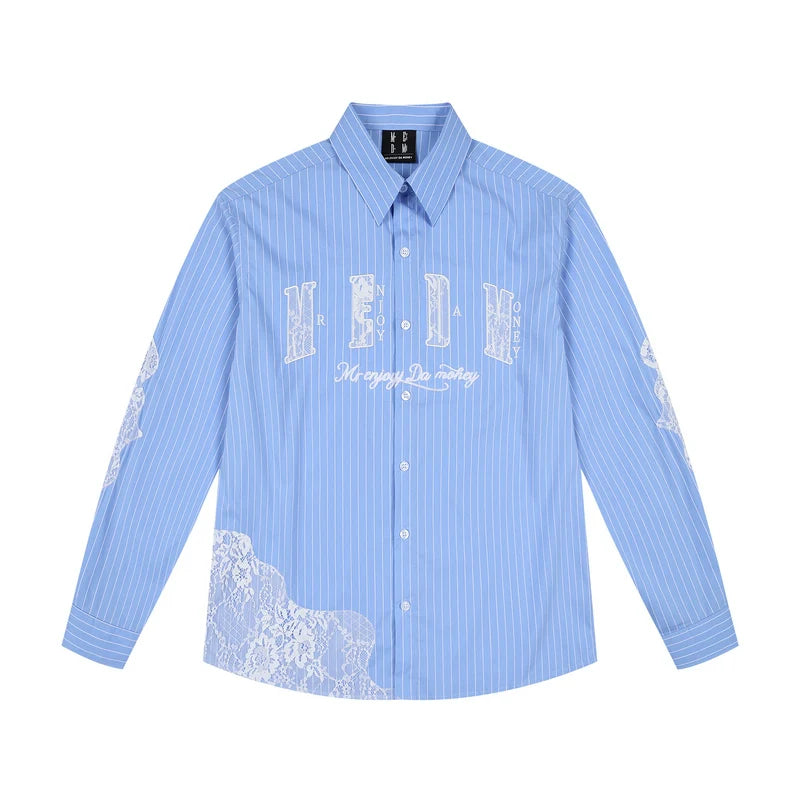 MEDM Lace Embroidered Striped Long Sleeve Shirt