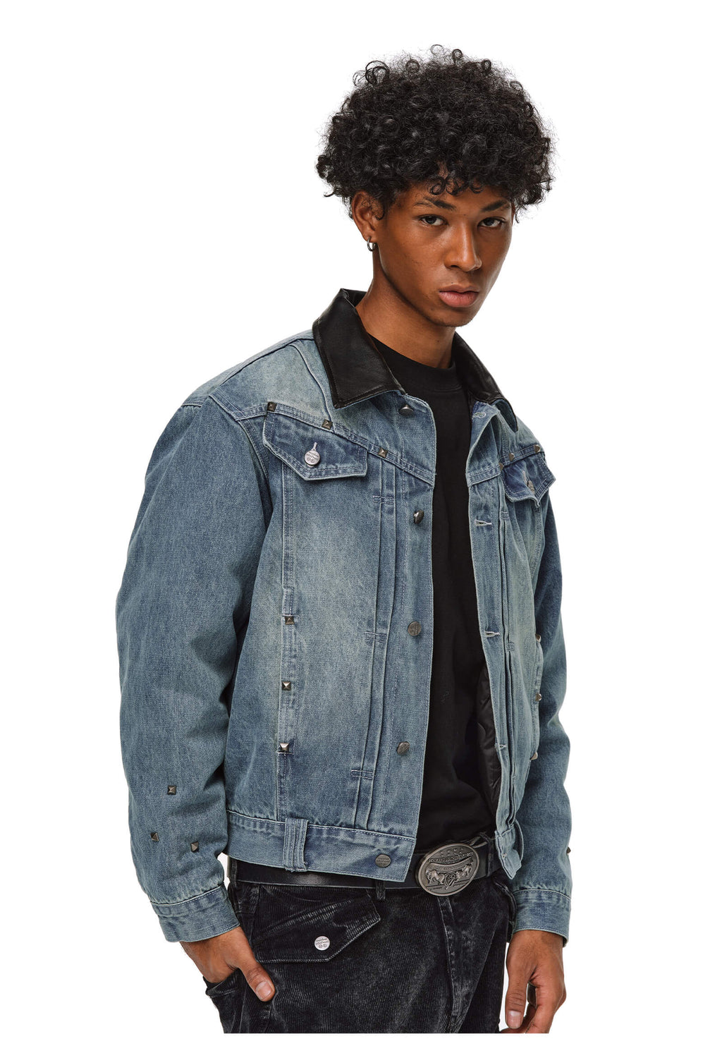 ANTIDOTE Rivet Studded Fleece Lined Denim Jacket