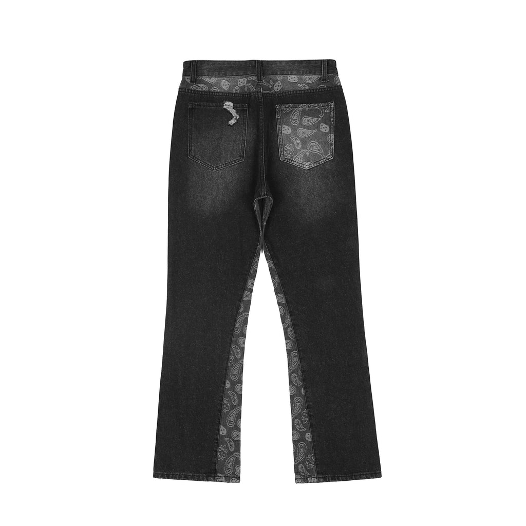 Cashew Flower Stitching Washed Flared Denim Jeans