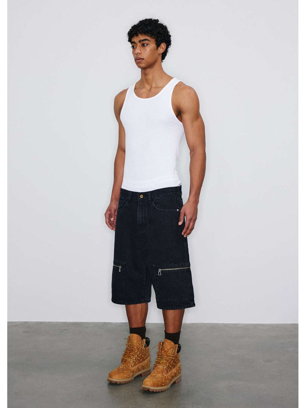 NOVACAM Washed Denim Zip Pocket Work Baggy Shorts