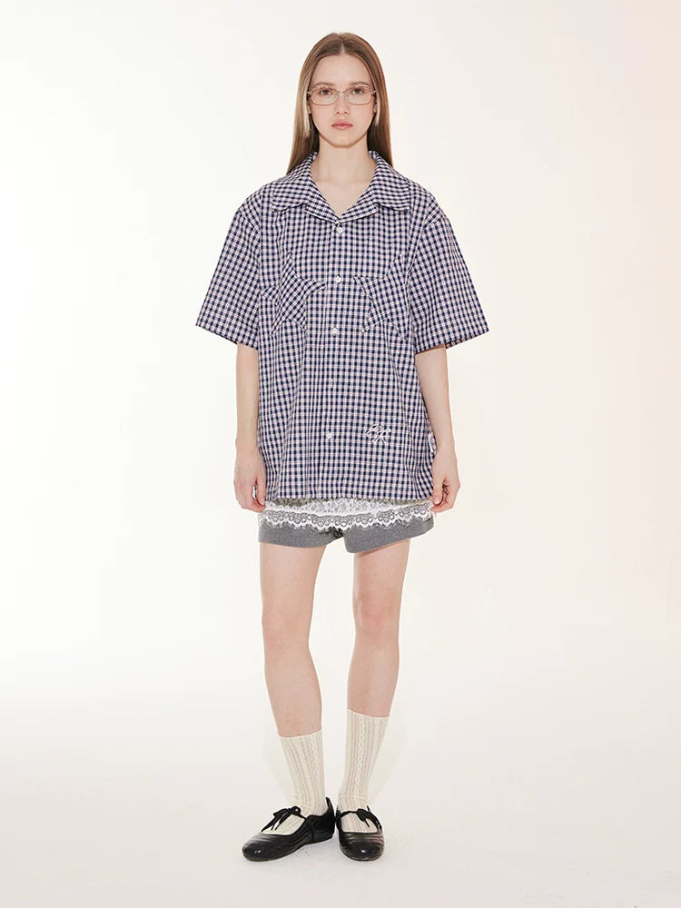 EMPTY REFERENCE Star Pocket Patchwork Plaid Short Sleeve Shirt