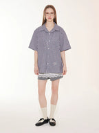 EMPTY REFERENCE Star Pocket Patchwork Plaid Short Sleeve Shirt