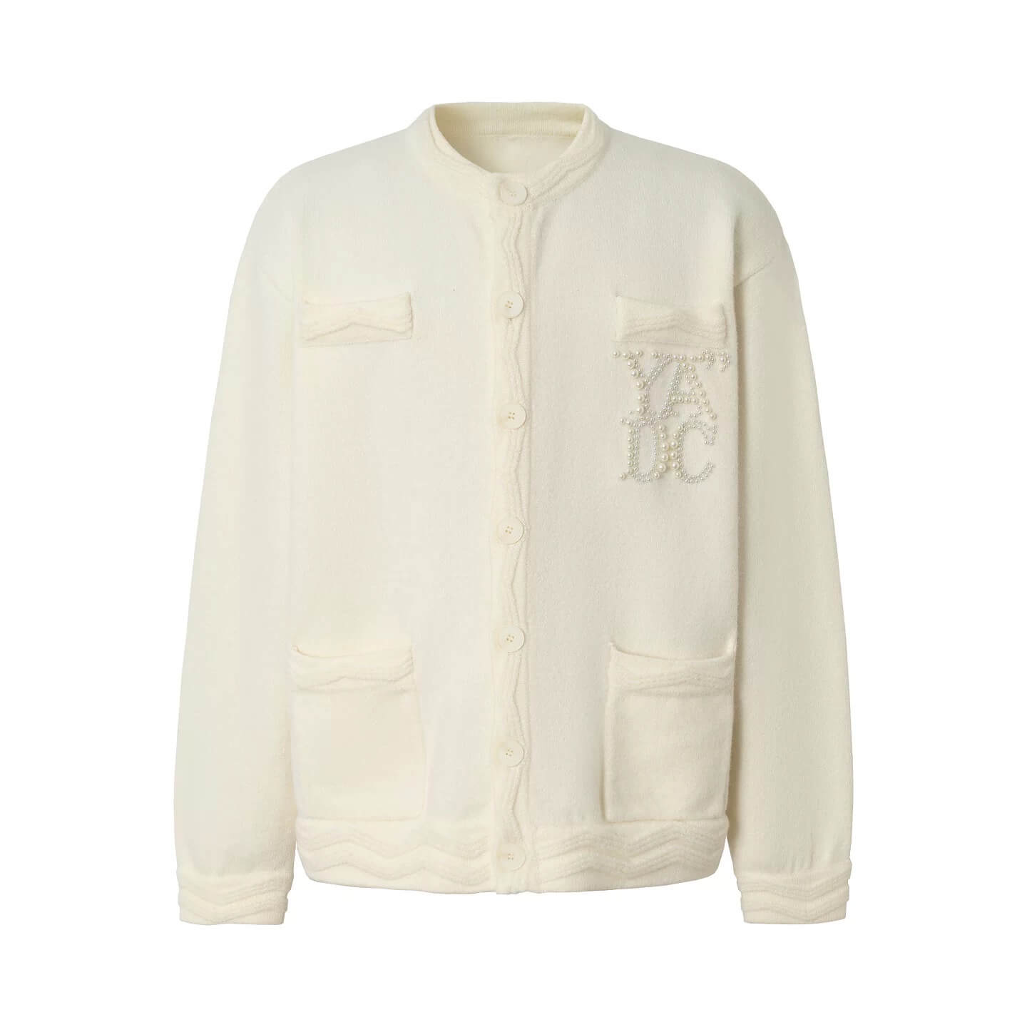 YADcrew Pearl Embellished Jacquard Knit Crew Neck Cardigan