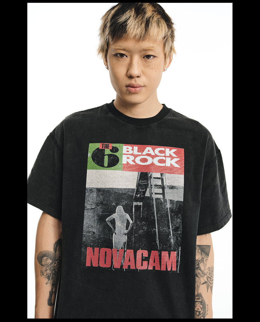 NOVACAM Vintage Rock Washed Black Stitch Tee