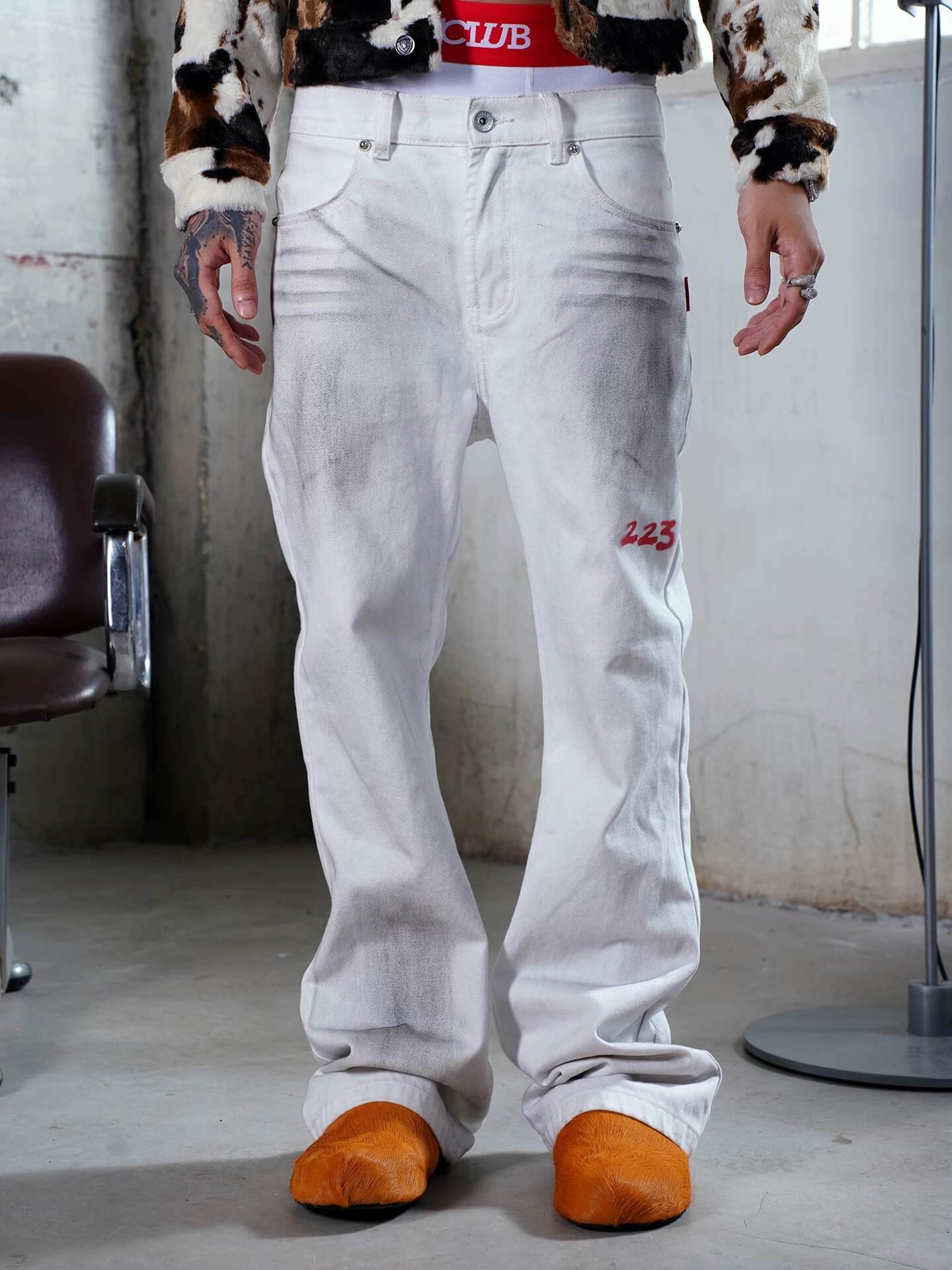 TGFCLUB Kill Graffiti Distressed White Flared Jeans