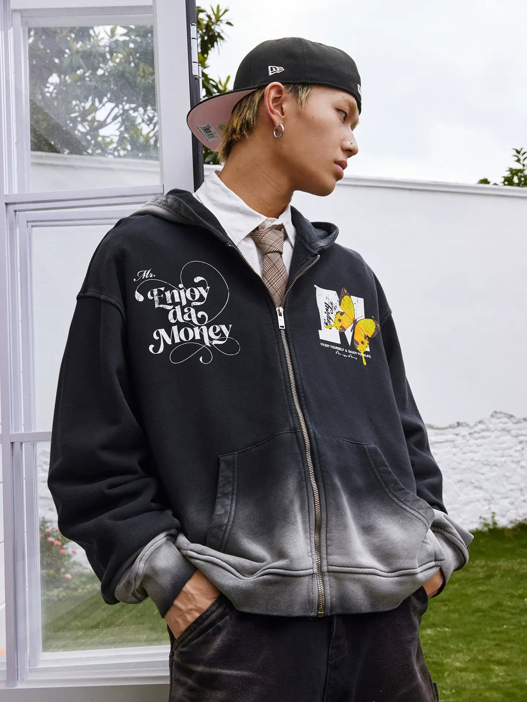 MEDM Washed Angel Butterfly Print Zip Up Hoodie
