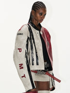 BLIND NO PLAN Distressed Leather Contrast Racing Jacket
