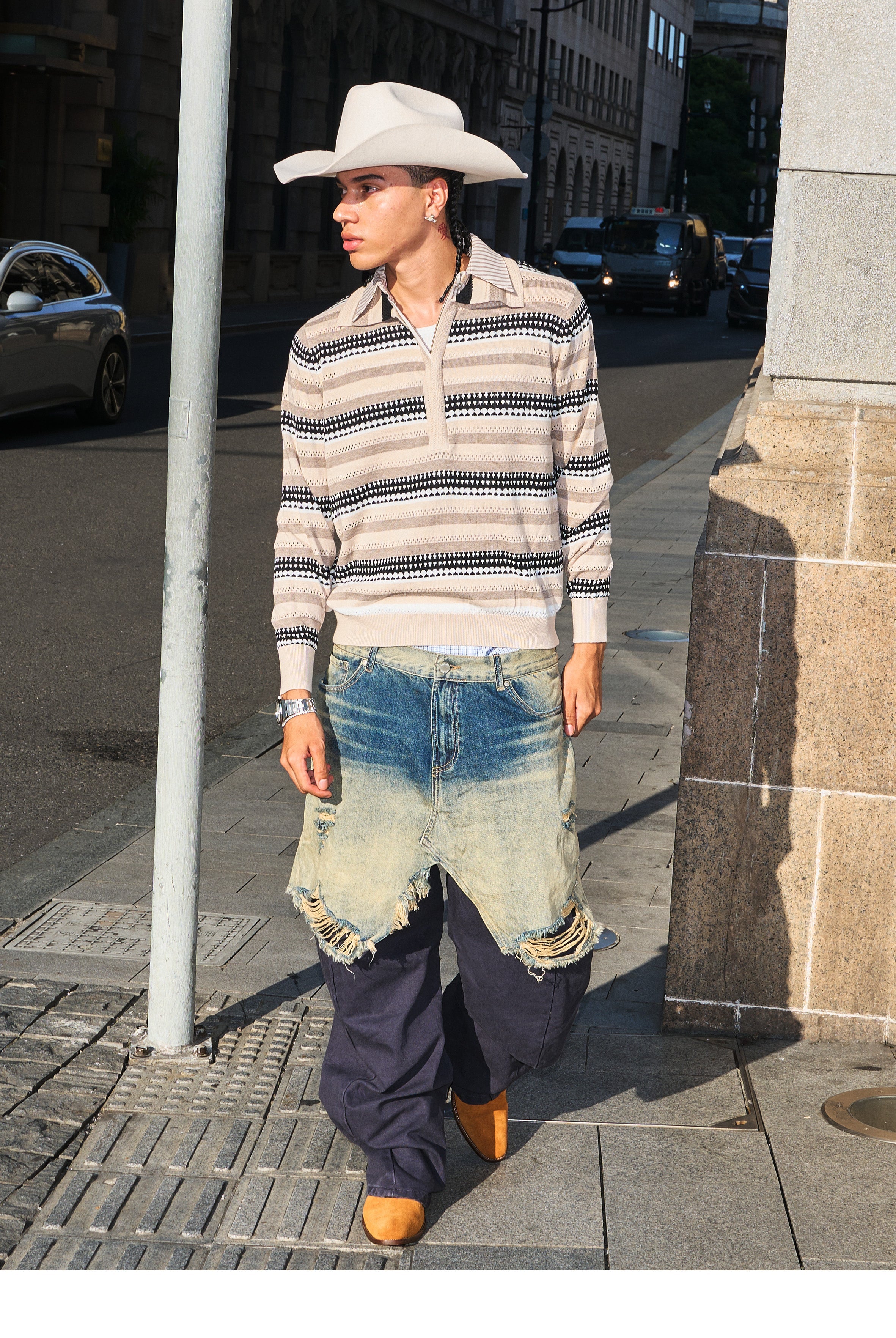 STEEPC Layered Design Washed Distressed Baggy Jeans