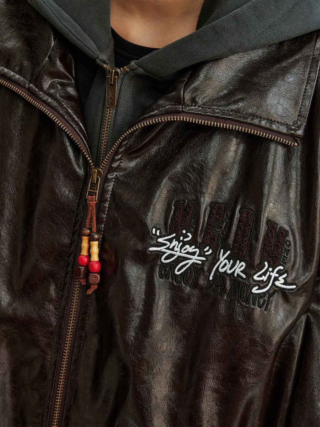 MEDM Layered Hood PU Leather Bomber Jacket