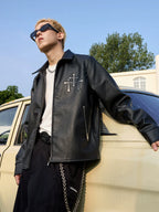 Harsh and Cruel Metal Cross Logo Textured Leather Jacket