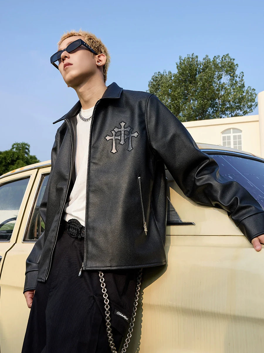 Harsh and Cruel Metal Cross Logo Textured Leather Jacket