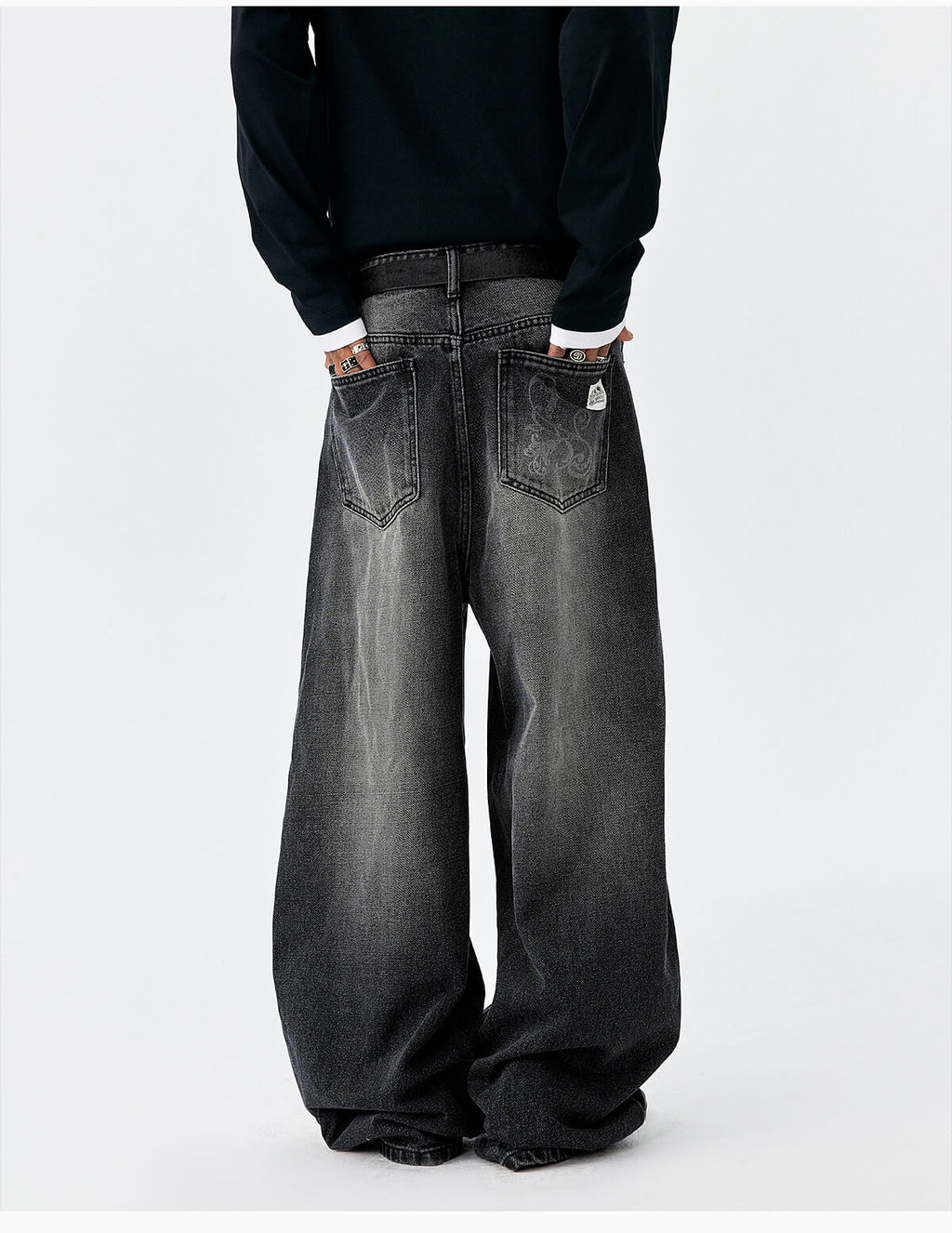 MEDM Flower Vine Laser Burnout Washed Machete Jeans
