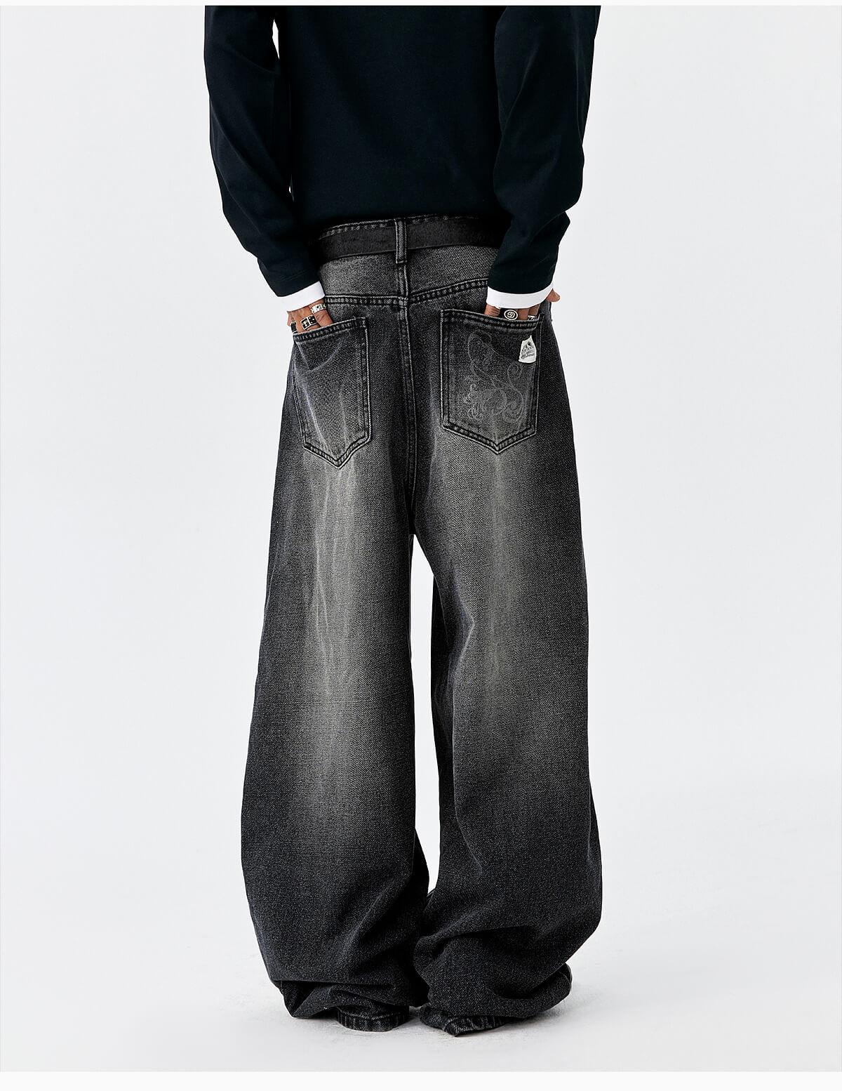 MEDM Flower Vine Laser Burnout Washed Machete Jeans