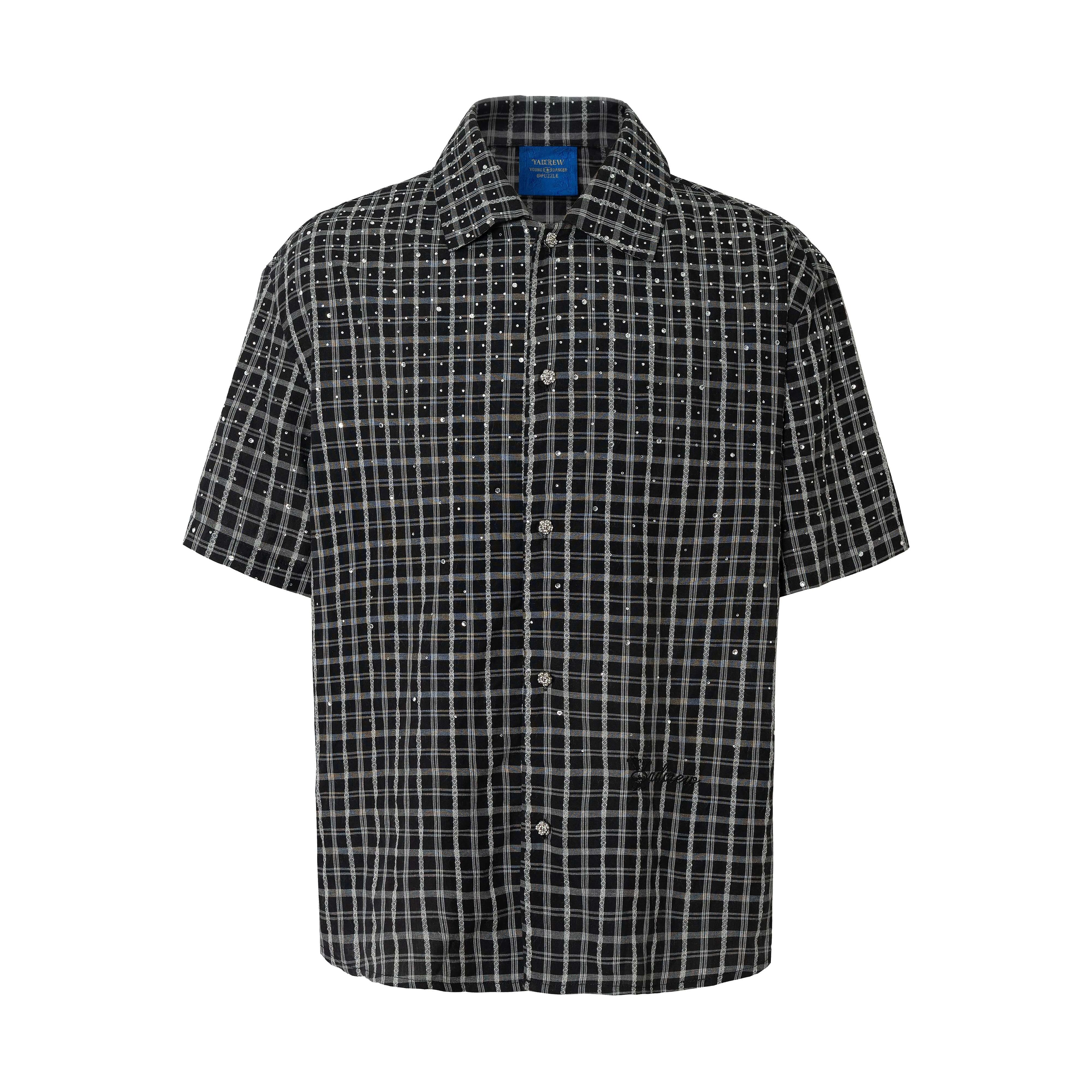 YADcrew Plaid Rhinestone Cascade Flower Button Short Sleeve Shirt