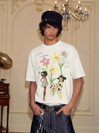 YADcrew Doll and Flower Art Print Rhinestone Tee