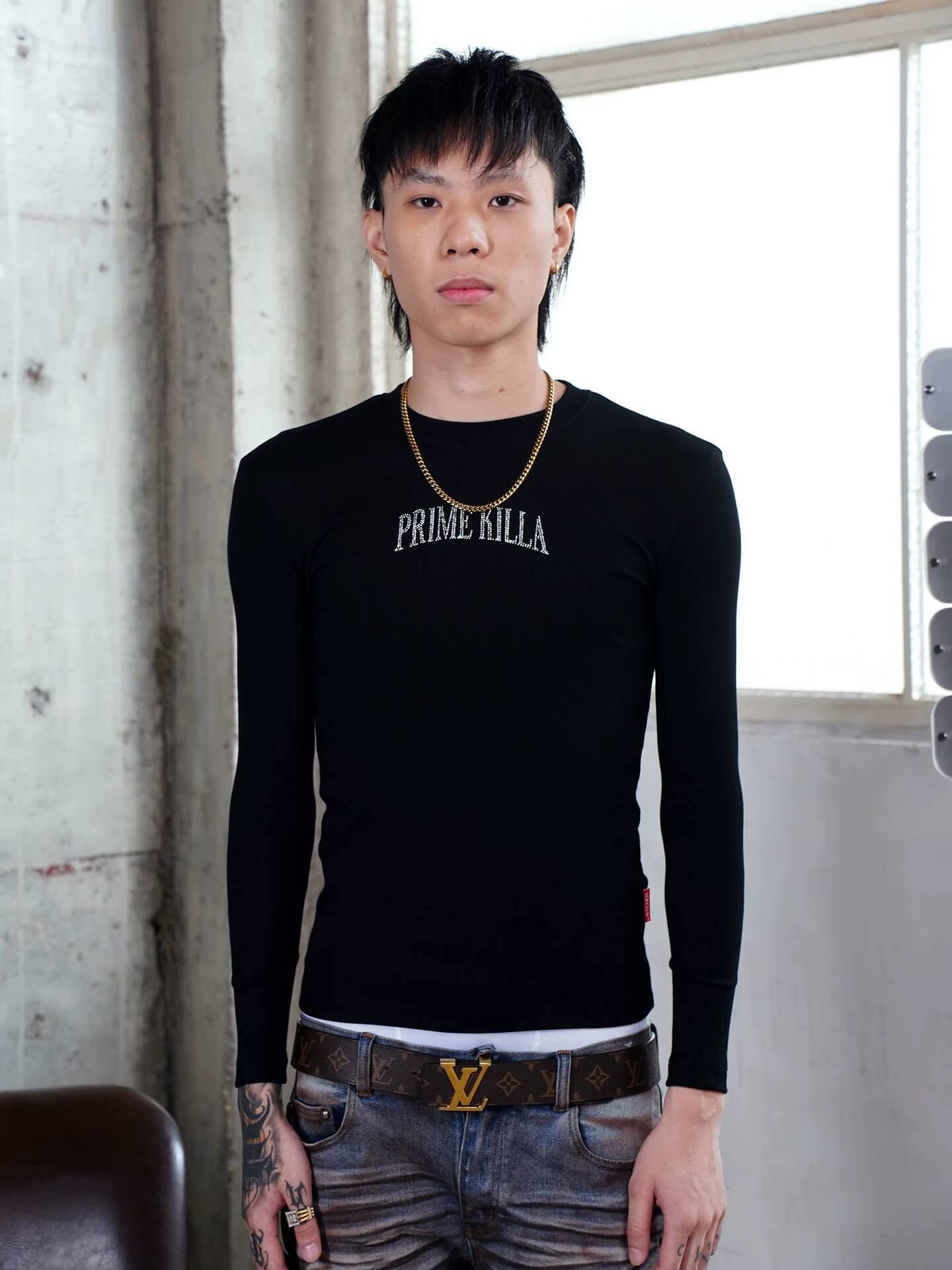 TGFCLUB PRIME KILLA Rhinestone Stretch Slim Fit Long Sleeve Tee