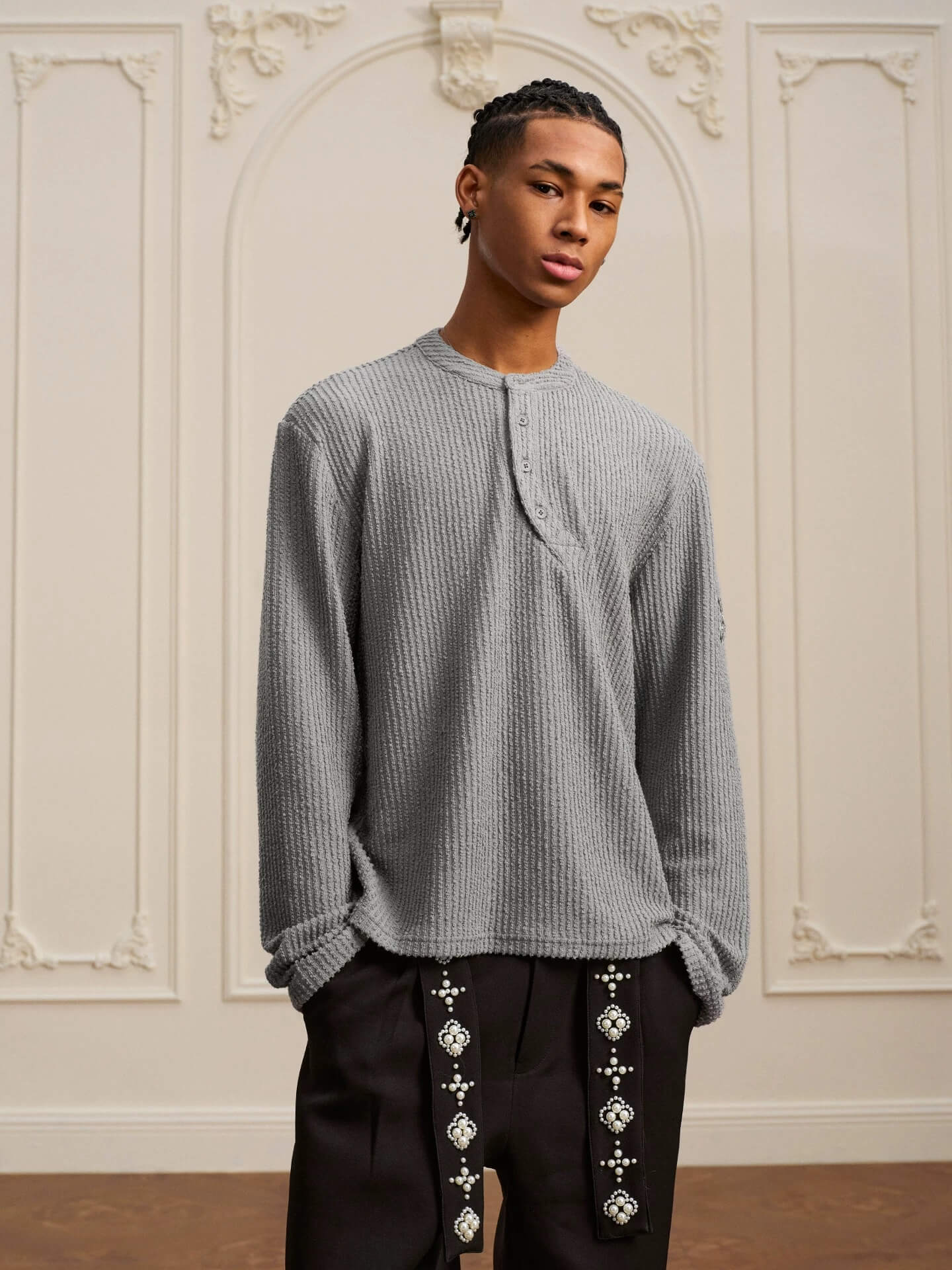 YADcrew Twisted Henley Pinstripe Long Sleeve Tee