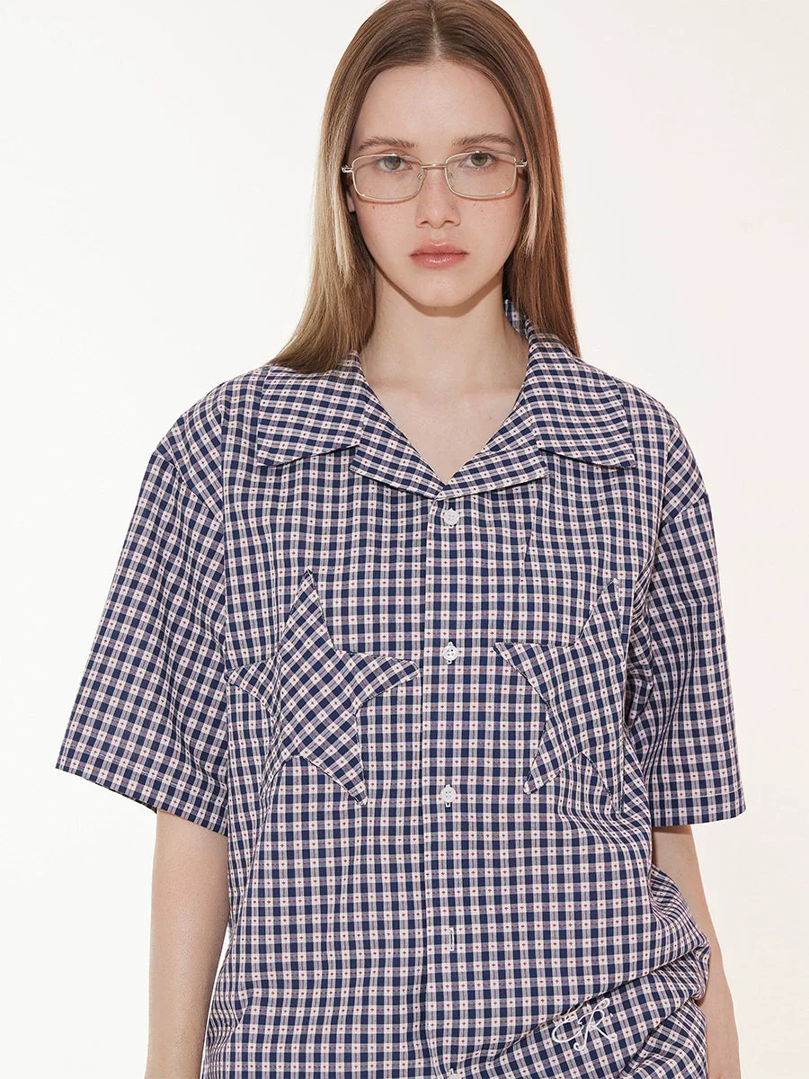 EMPTY REFERENCE Star Pocket Patchwork Plaid Short Sleeve Shirt