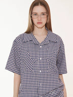 EMPTY REFERENCE Star Pocket Patchwork Plaid Short Sleeve Shirt