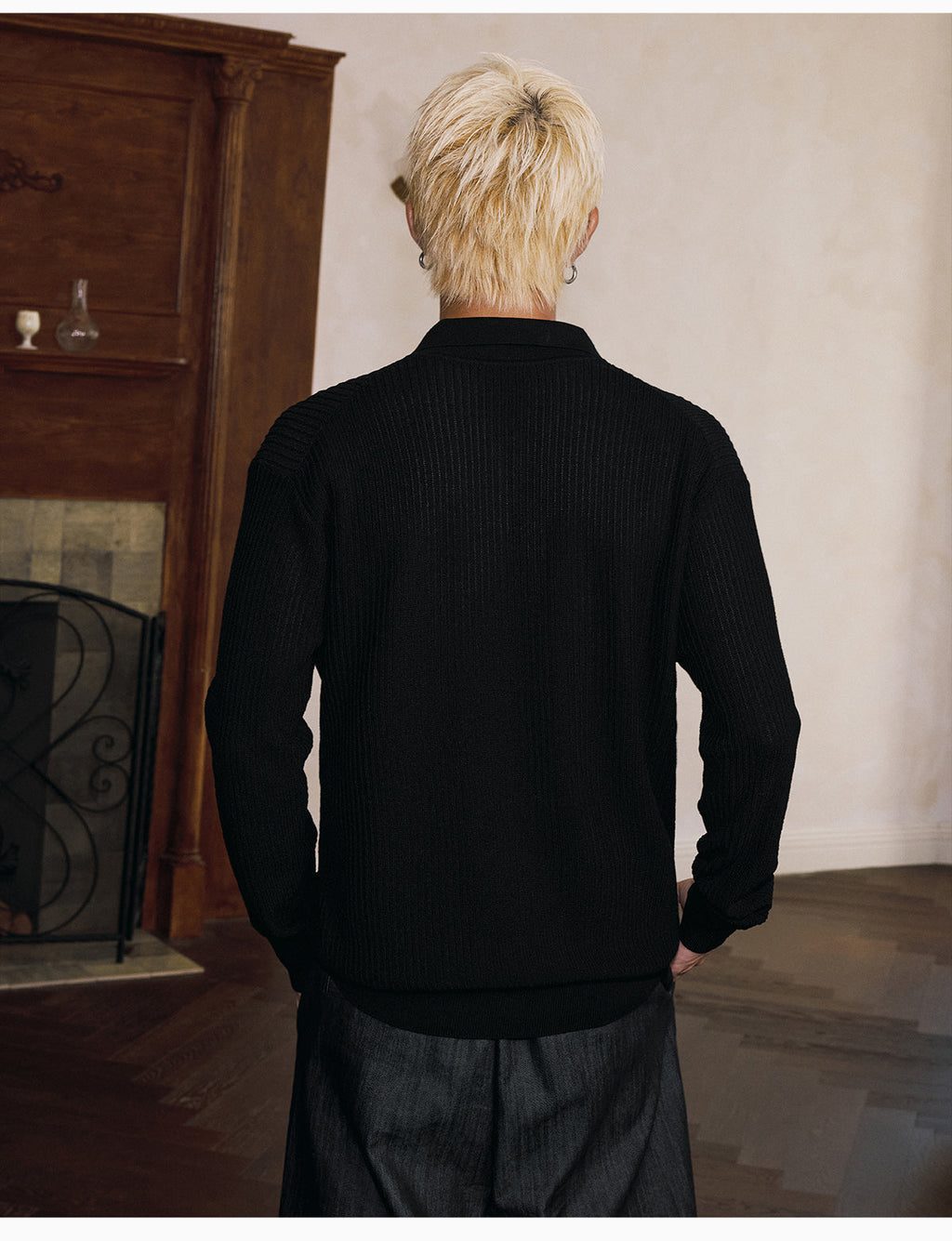 MEDM Rose Embroidered Textured Stripe Knit Long Sleeve Polo