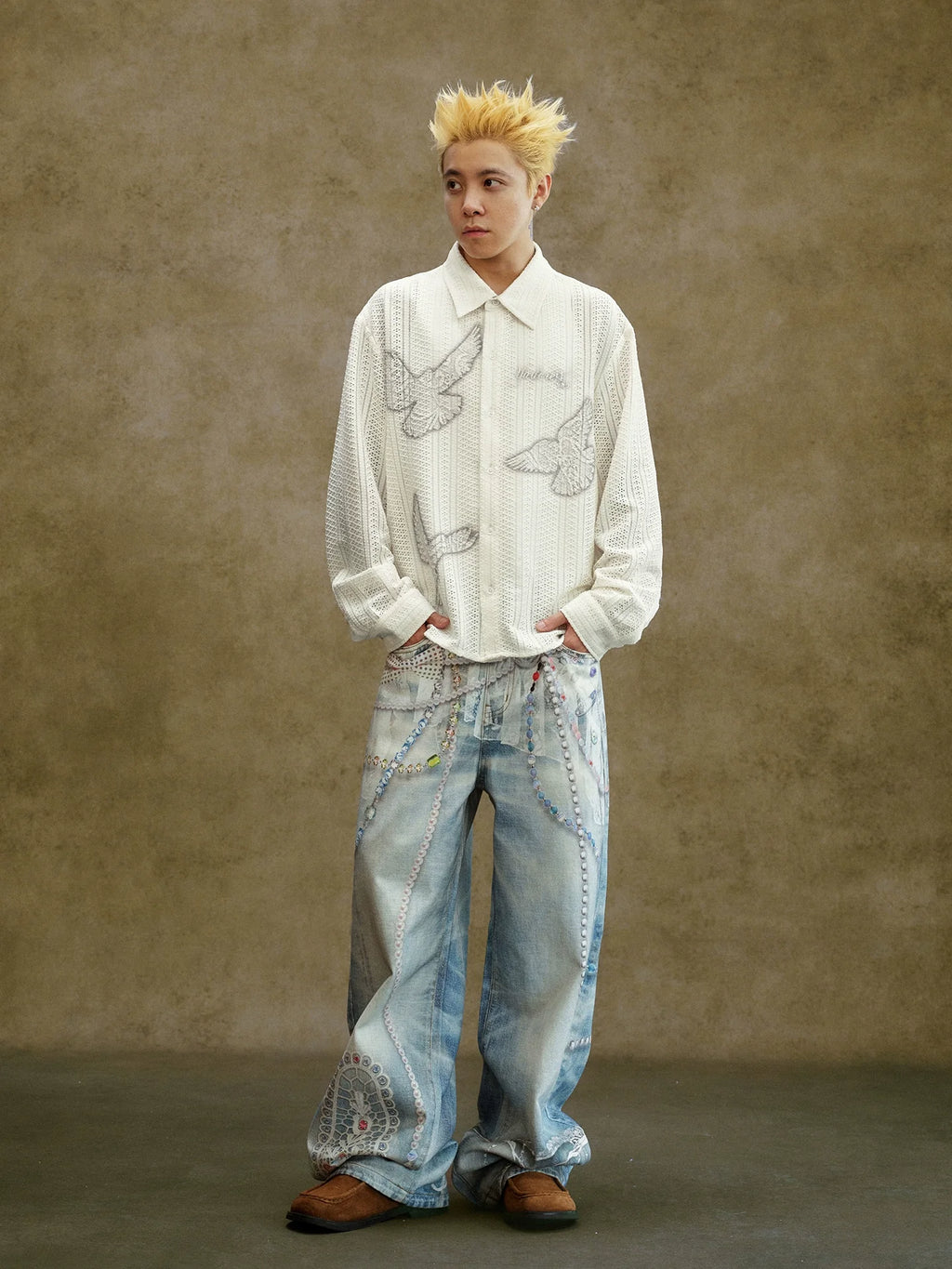 YADcrew Peace Dove Hollow Mesh Long Sleeve Shirt