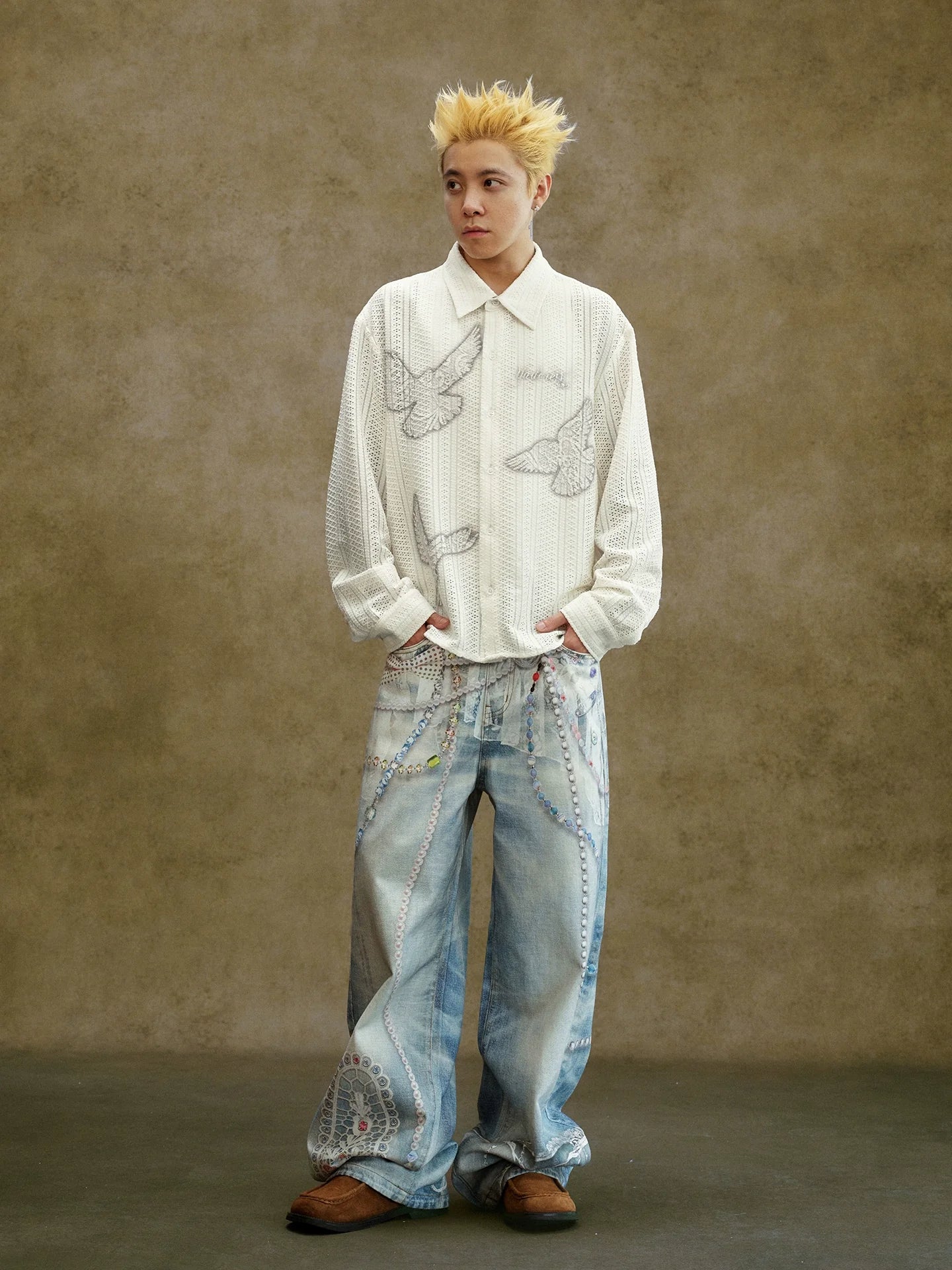 YADcrew Peace Dove Hollow Mesh Long Sleeve Shirt