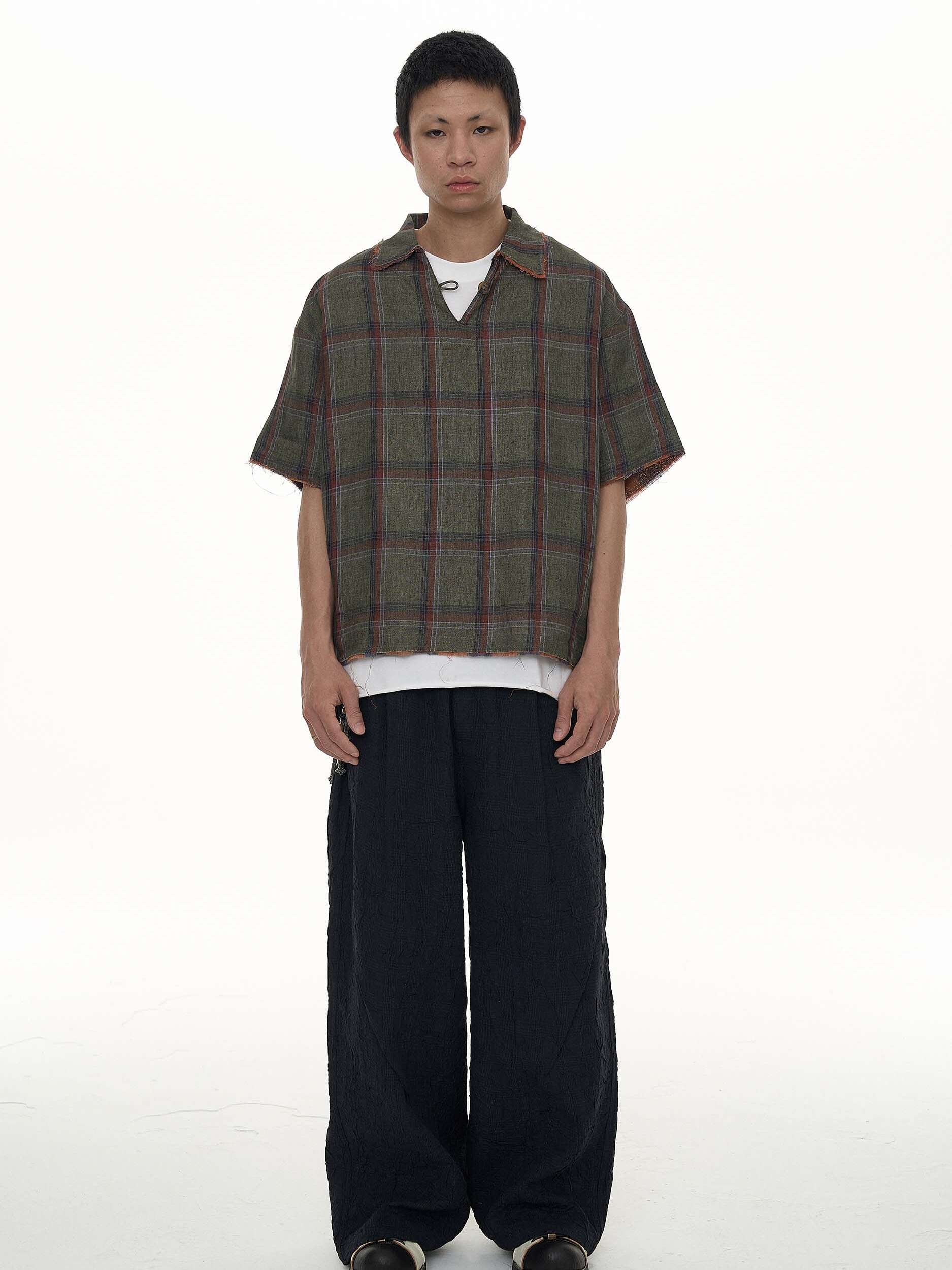 EVILKNIGHT(EK) Striped Plaid Tie-Dye Linen Polo Shirt