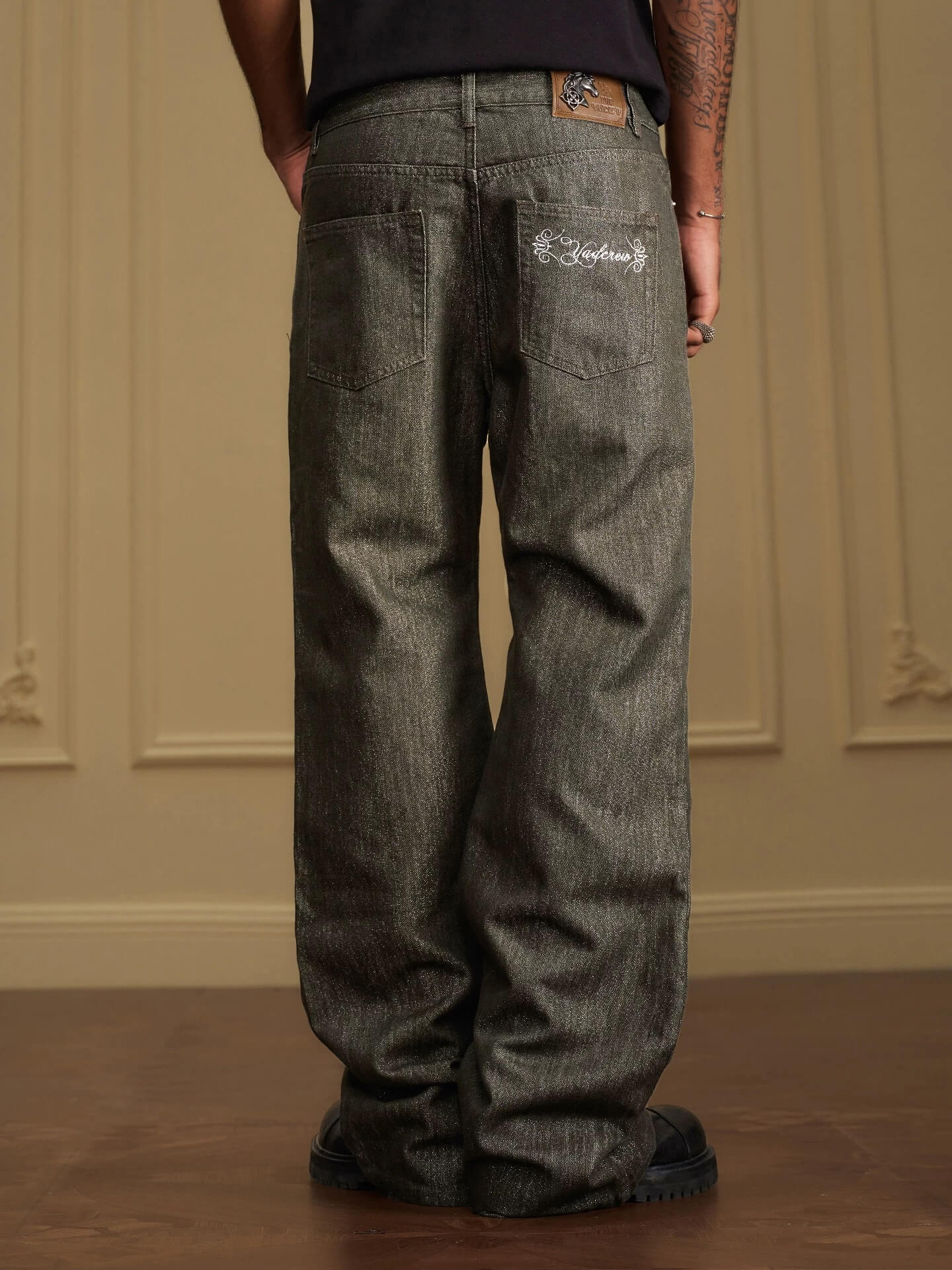 YADcrew Olive Green Metallic Thread Jeans
