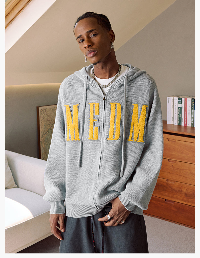 MEDM Basic Embroidered Logo Zip Up Knit Hoodie