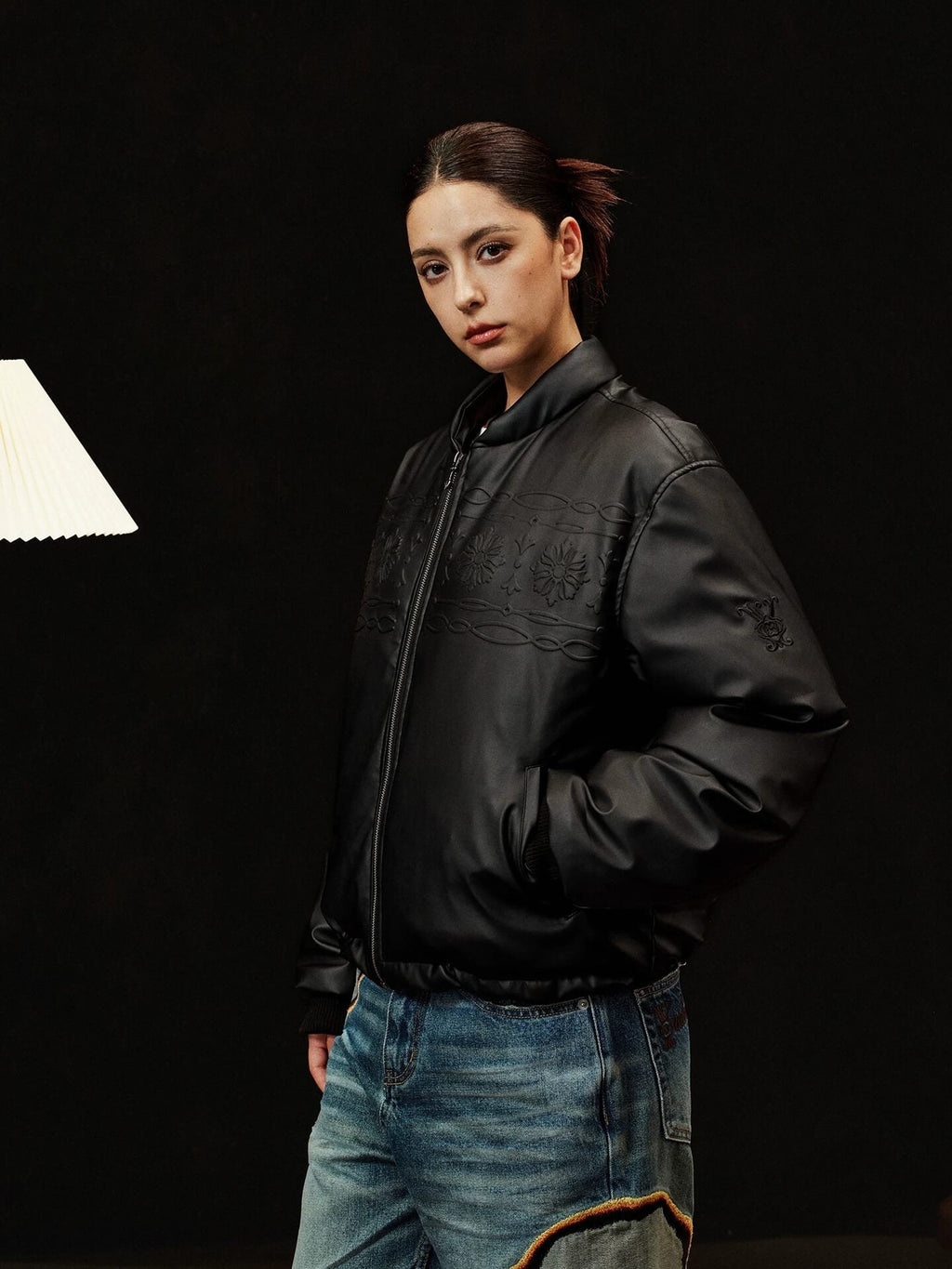 YADcrew Embossed PU Leather Down Jacket