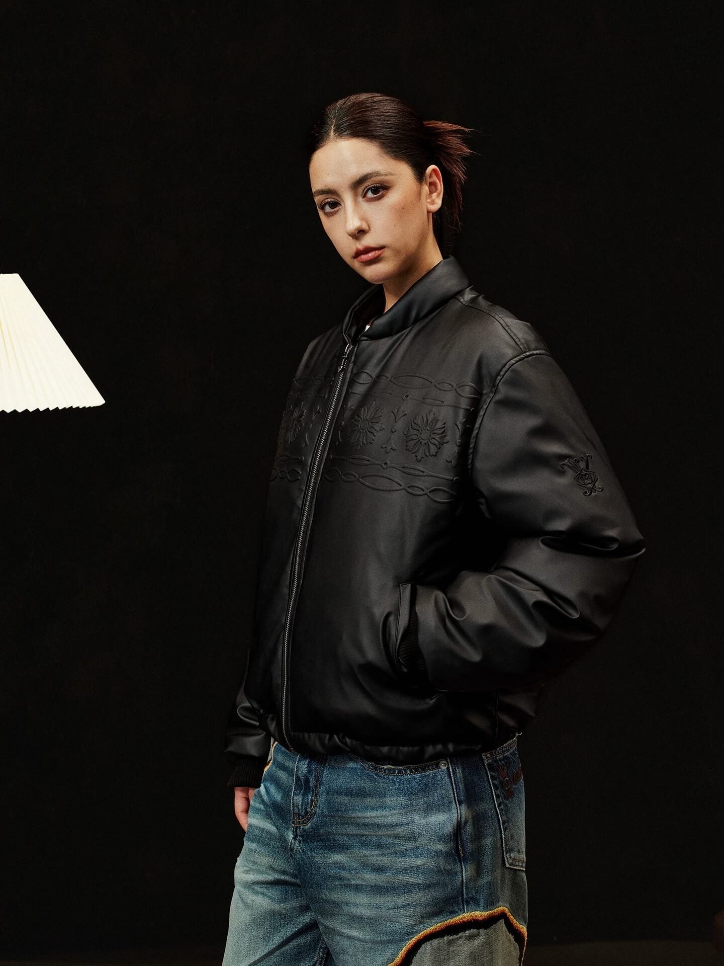 YADcrew Embossed PU Leather Down Jacket