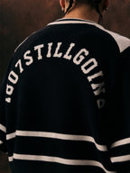 1807 Black & White Striped Hockey Jersey Knit Sweater