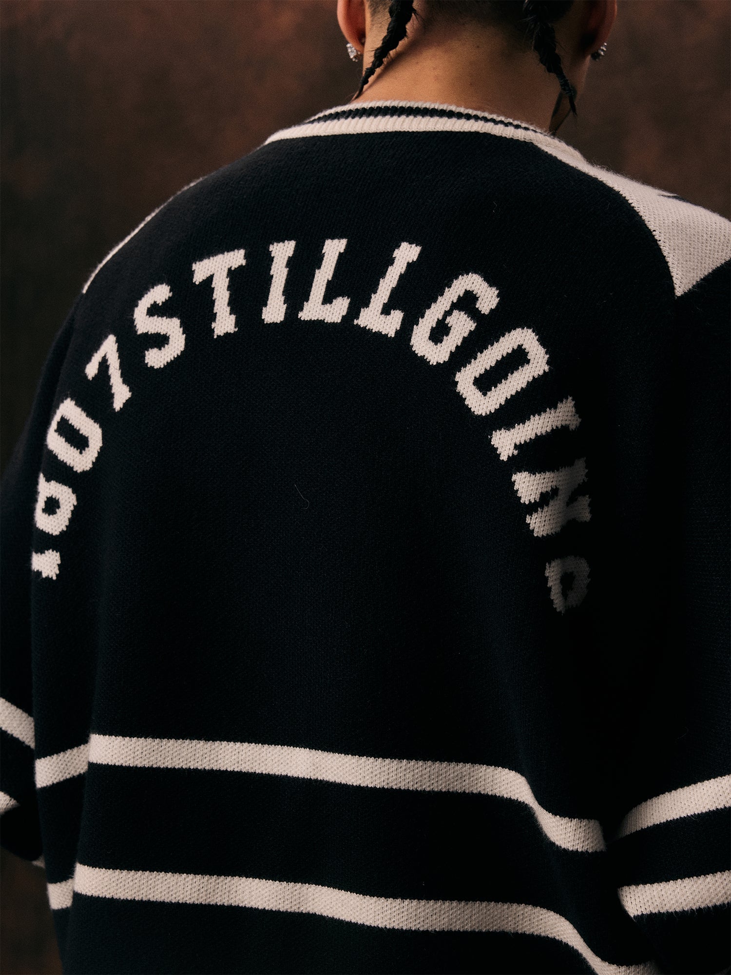 1807 Black & White Striped Hockey Jersey Knit Sweater
