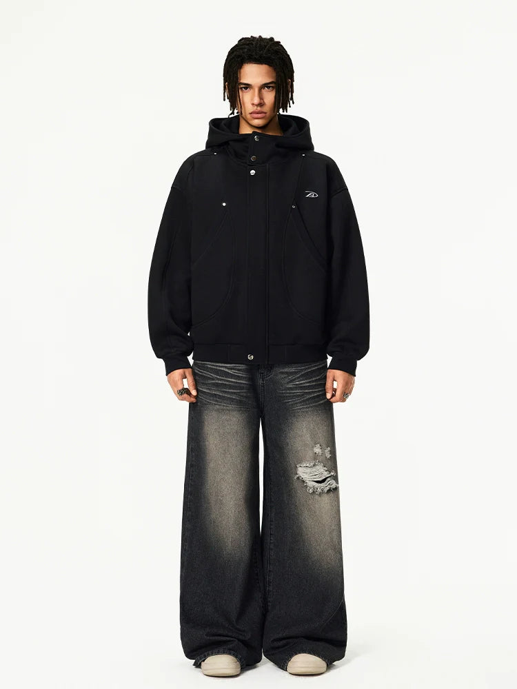 Achock Snap Button Wind Flap Zip Up Hooded Jacket