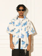 EMPTY REFERENCE White Blue Flower Short Sleeve Shirt
